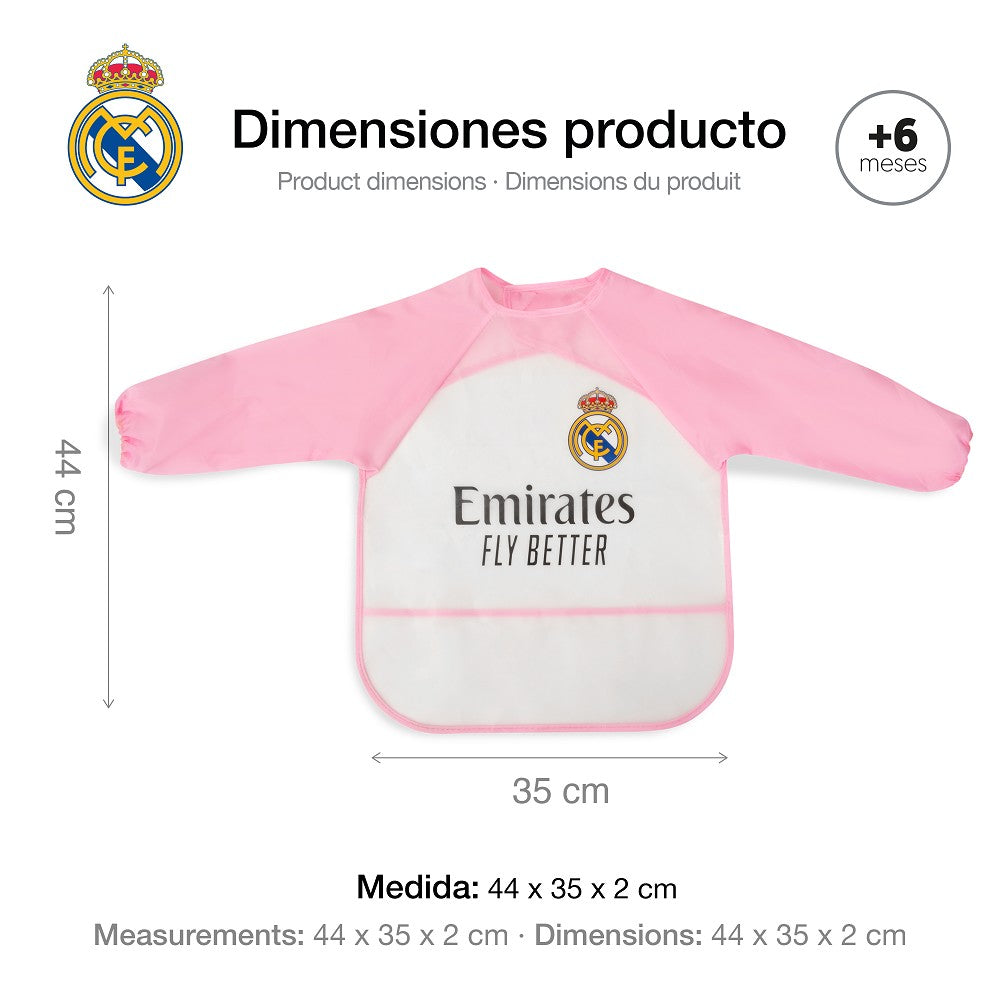 Real Madrid Baby Langarm-Lätzchen rosa – Maße 44 × 35 cm, wasserdichtes Ärmellätzchen ab 6 Monaten