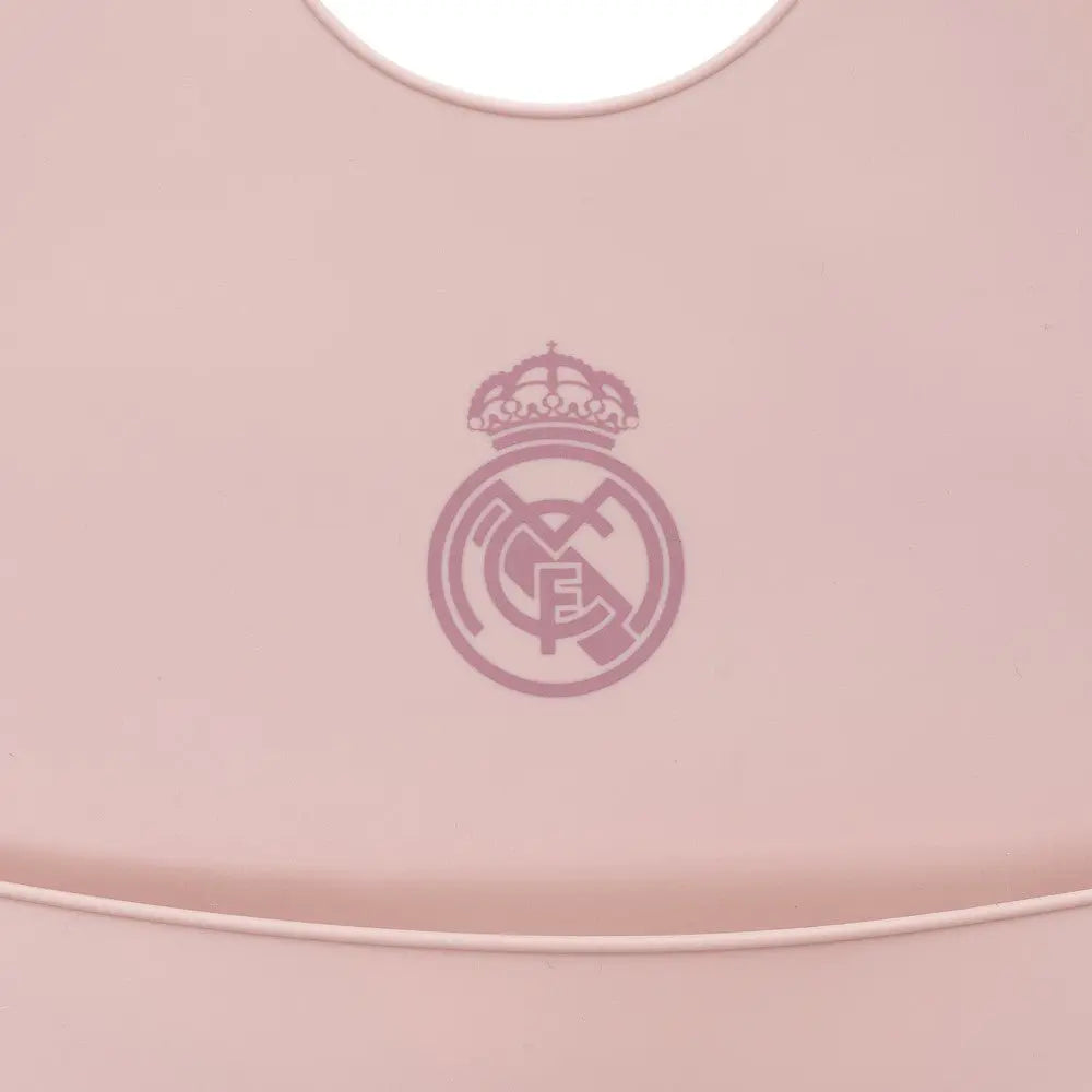 Detail Real Madrid Logo auf rosa Silikon Baby-Lätzchen BPA-frei