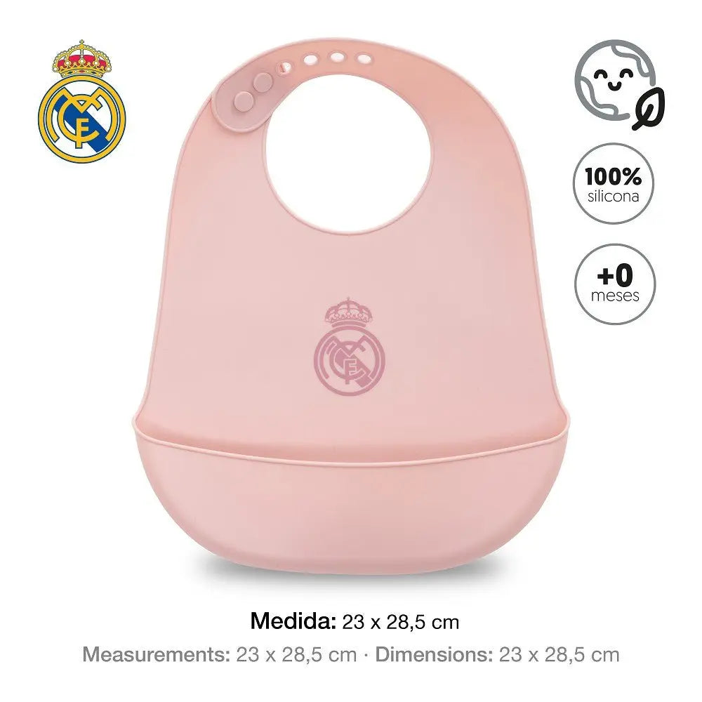 Rosa Silikon Baby-Lätzchen Real Madrid BPA-frei mit Auffangschale Maße 23 x 28,5 cm