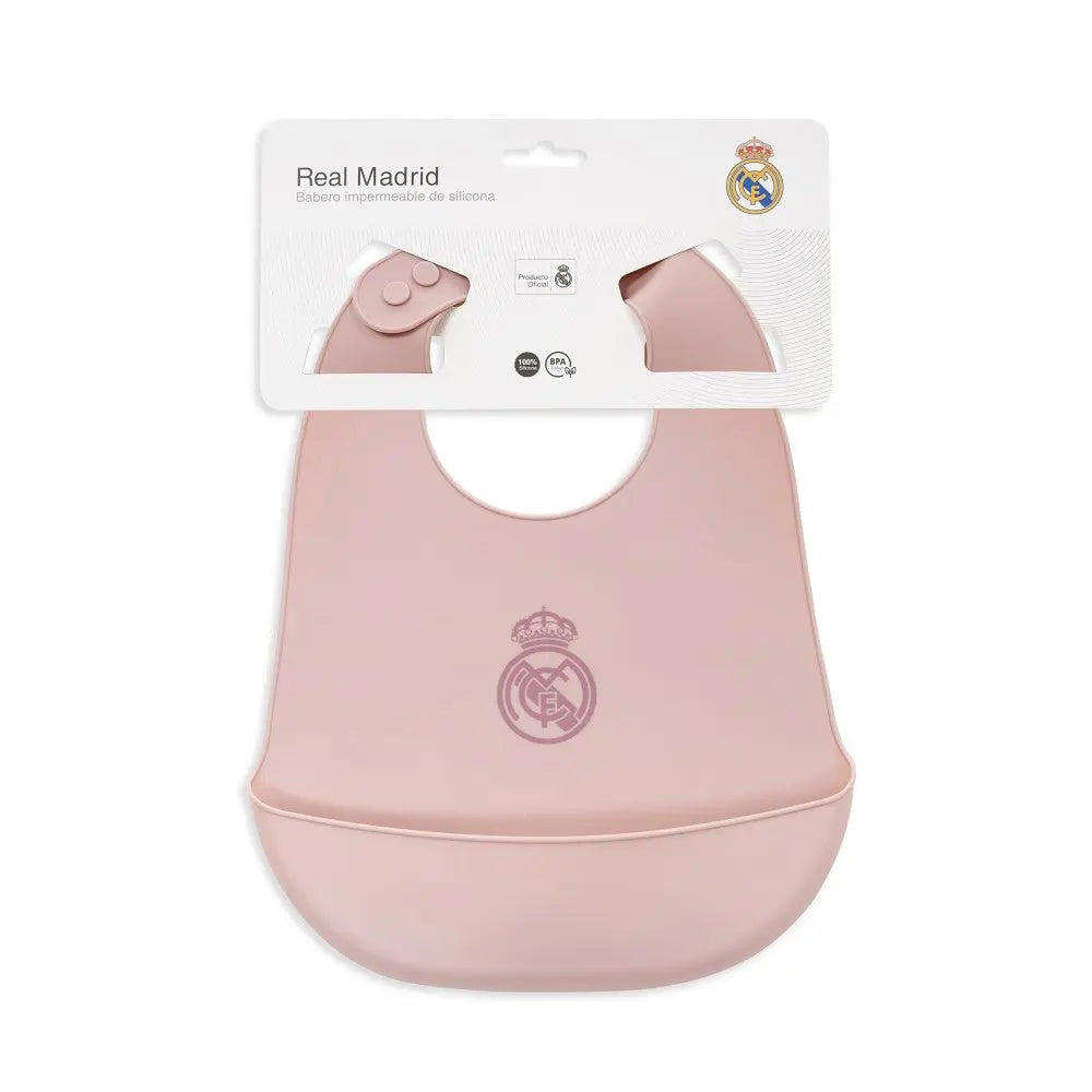 Rosa Silikon Baby-Lätzchen Real Madrid BPA-frei mit Verpackung Frontansicht