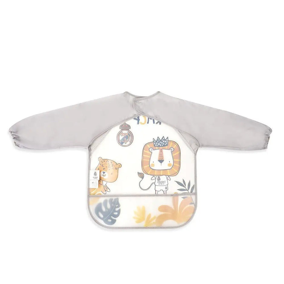 Real Madrid Baby Lätzchen mit Ärmeln grau Löwen Motiv Rückseite wasserdicht