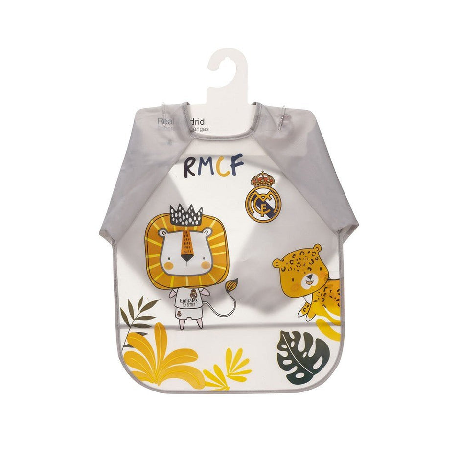 Real Madrid Baby Lätzchen mit Ärmeln – Grau mit Löwen - Motiv, wasserdicht - Babylions