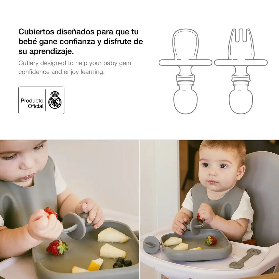 Baby Lernbesteck Silikon ergonomisch rosa Real Madrid Set Löffel und Gabel für selbstständiges Essen Kleinkinder