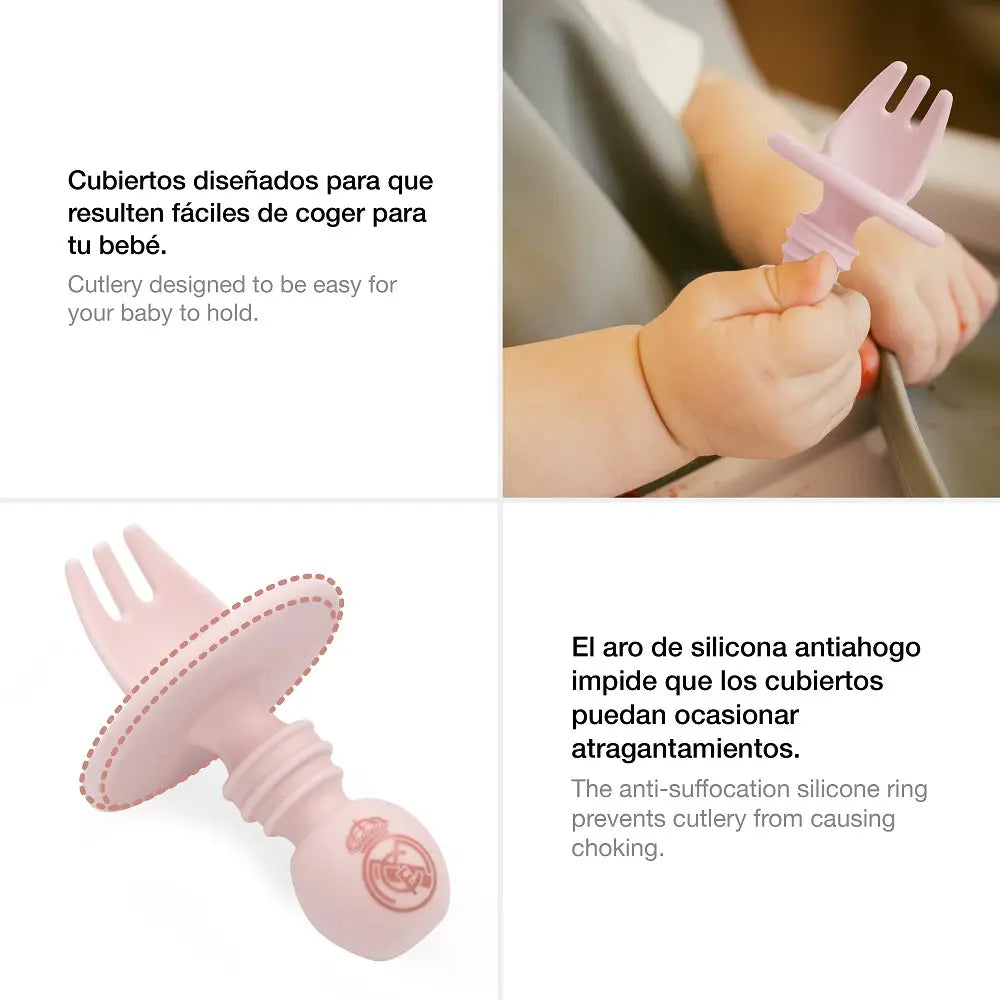 Baby hält Lernbesteck aus Silikon rosa Real Madrid mit Sicherheitsring erleichtert Greifen und schützt vor Verschlucken