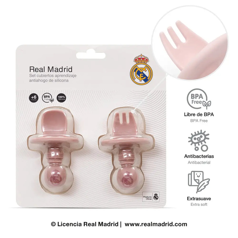 Baby Lernbesteck Silikon rosa Real Madrid Set BPA frei mit Anti Ersticking Ring Löffel und Gabel für Kleinkinder