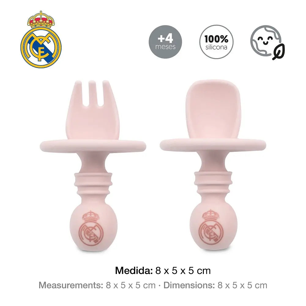 Baby Lernbesteck Silikon rosa Real Madrid mit Anti Ersticking Ring ab 4 Monate Löffel und Gabel Set