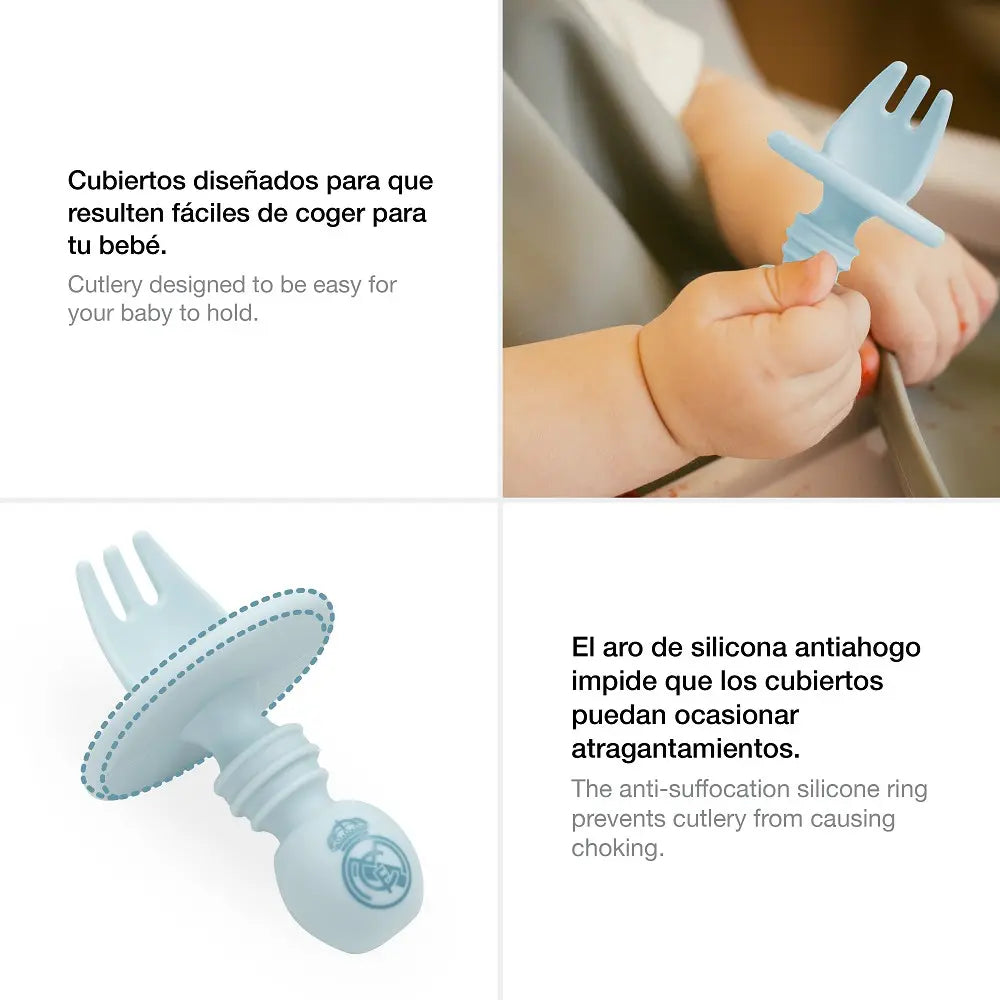 Real Madrid Baby Esslernbesteck blau Silikon mit Anti Verschluck Ring Baby hält Gabel