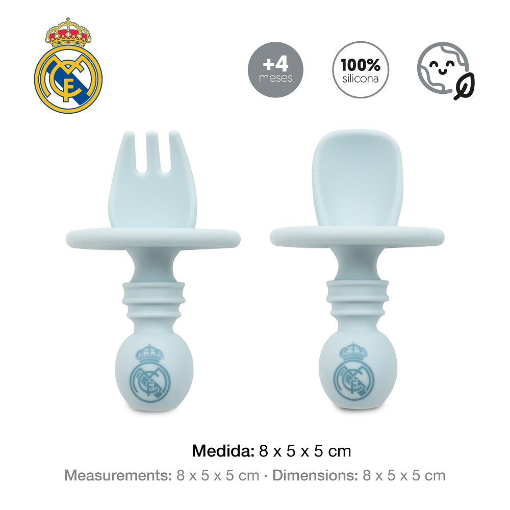 Real Madrid Baby Lernbesteck Set aus Silikon Blau mit Maßen 8 x 5 x 5 cm
