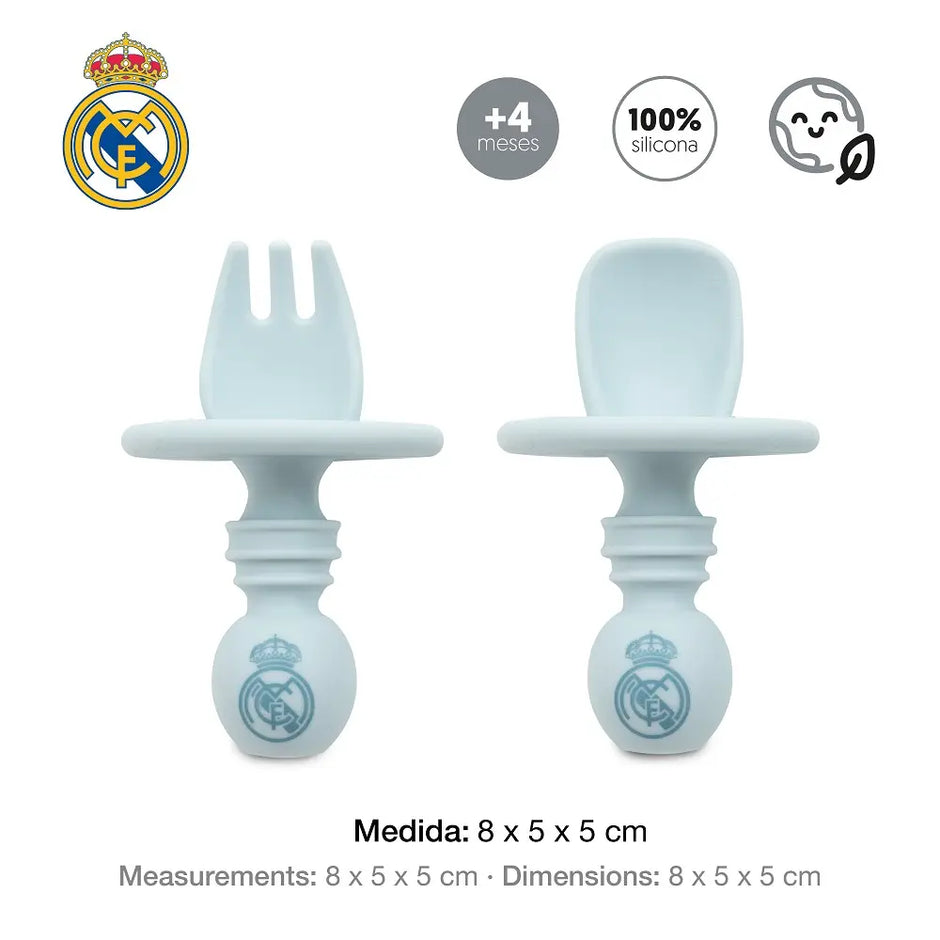 Real Madrid Baby Esslernbesteck blau aus Silikon Maße 8x5x5 cm Set mit Löffel und Gabel