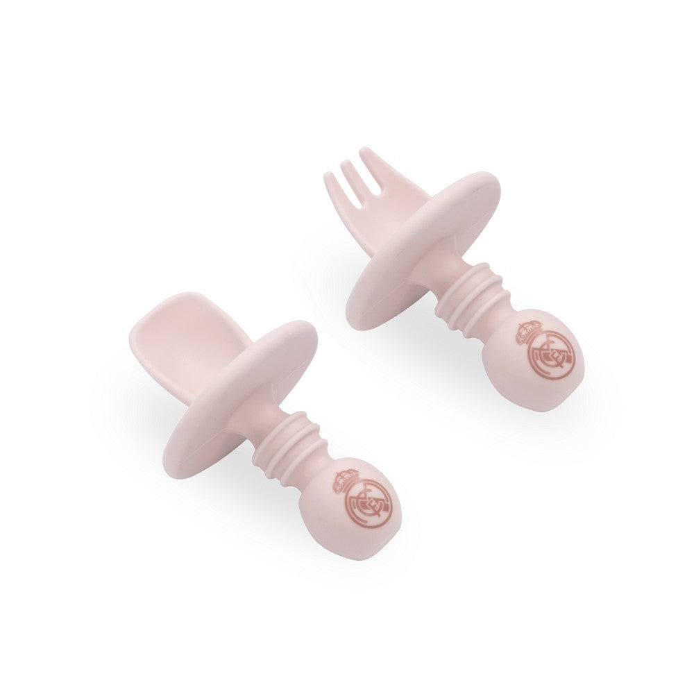 Real Madrid Baby Lernbesteck aus Silikon in Rosa mit Anti Verschluck Schutzring BPA frei