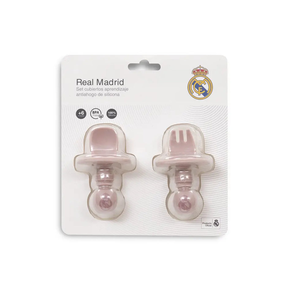 Baby Lernbesteck Silikon rosa Real Madrid Set in Verpackung BPA frei ab 4 Monate ergonomisches Löffel Gabel Set für Babys