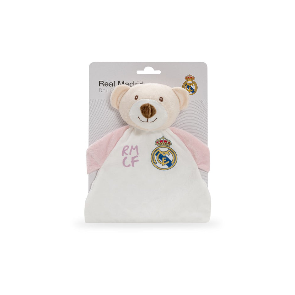 Real Madrid Schmusetuch Bär für Babys Frontansicht in Originalverpackung, offizielles Lizenz Kuscheltuch Geschenk für Neugeborene