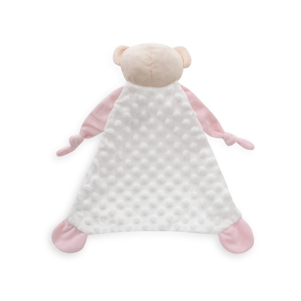 Rückseite vom Real Madrid Baby Schmusetuch Teddybär mit weichem Minky Stoff und rosa Armen, offizielles Lizenz Kuscheltuch für Babys