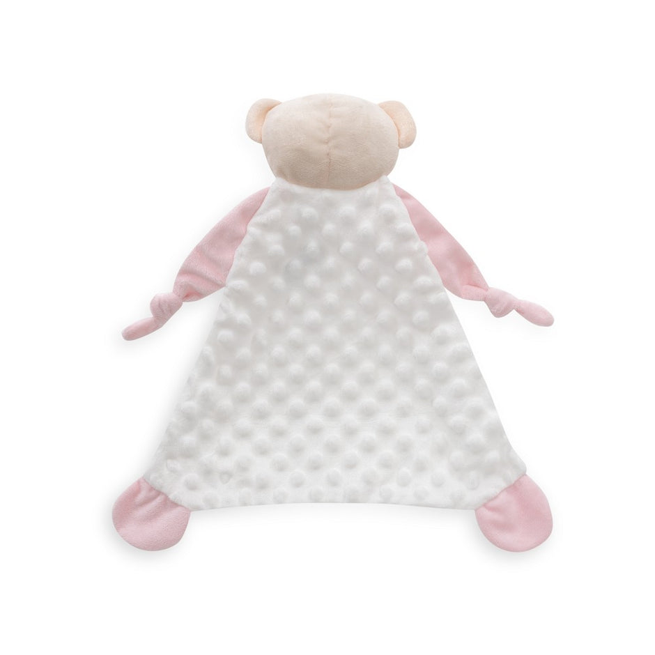 Rückseite vom Real Madrid Baby Schmusetuch Teddybär mit weichem Minky Stoff und rosa Armen, offizielles Lizenz Kuscheltuch für Babys