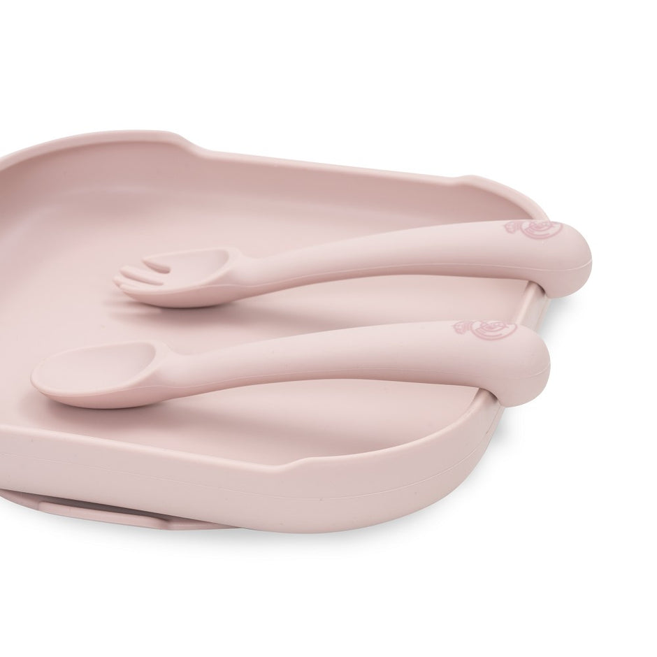 Real Madrid Baby Silikon Besteck Set mit Löffel und Gabel in Rosa auf Silikon Teller, offiziell lizenziertes FC Real Madrid Produkt, BPA frei, für Babys und Kleinkinder
