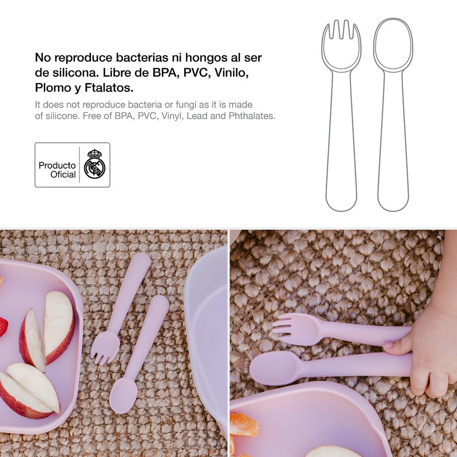 Offizielles Real Madrid Baby Silikon Besteck Set in Rosa, BPA frei, ideal für Beikost und selbstständiges Essen für Babys und Kleinkinder
