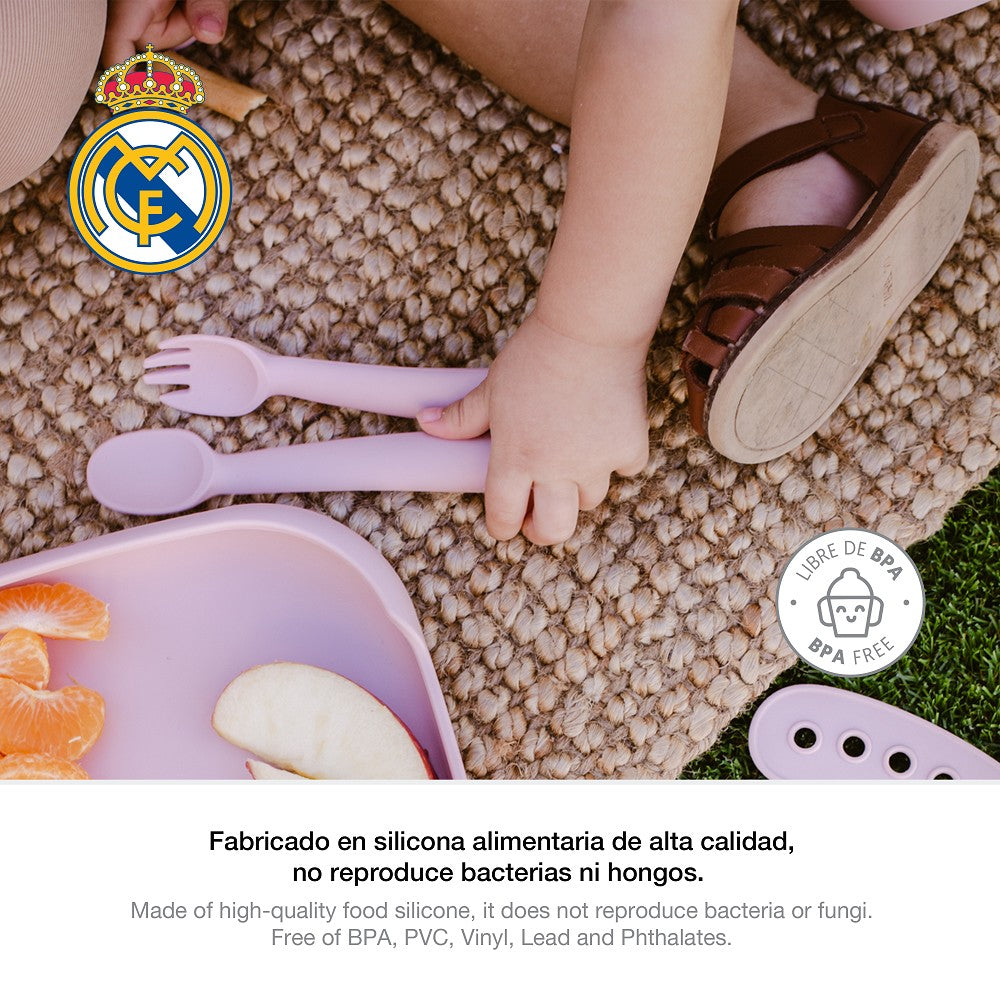 Real Madrid Baby Silikon Besteck Set in Rosa, BPA frei, ideal für Beikost und selbstständiges Essen für Babys
