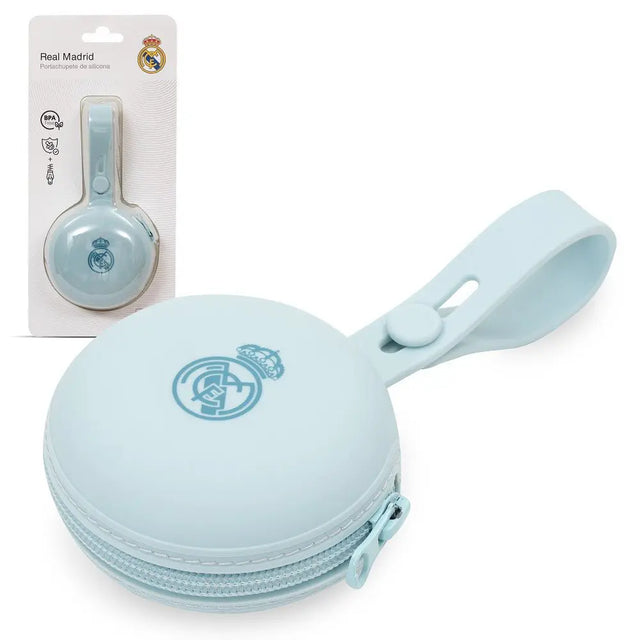 Schnullerhalter Real Madrid blau Silikon Etui mit Reißverschluss und Schlaufe hygienische Aufbewahrung für Babys BPA frei