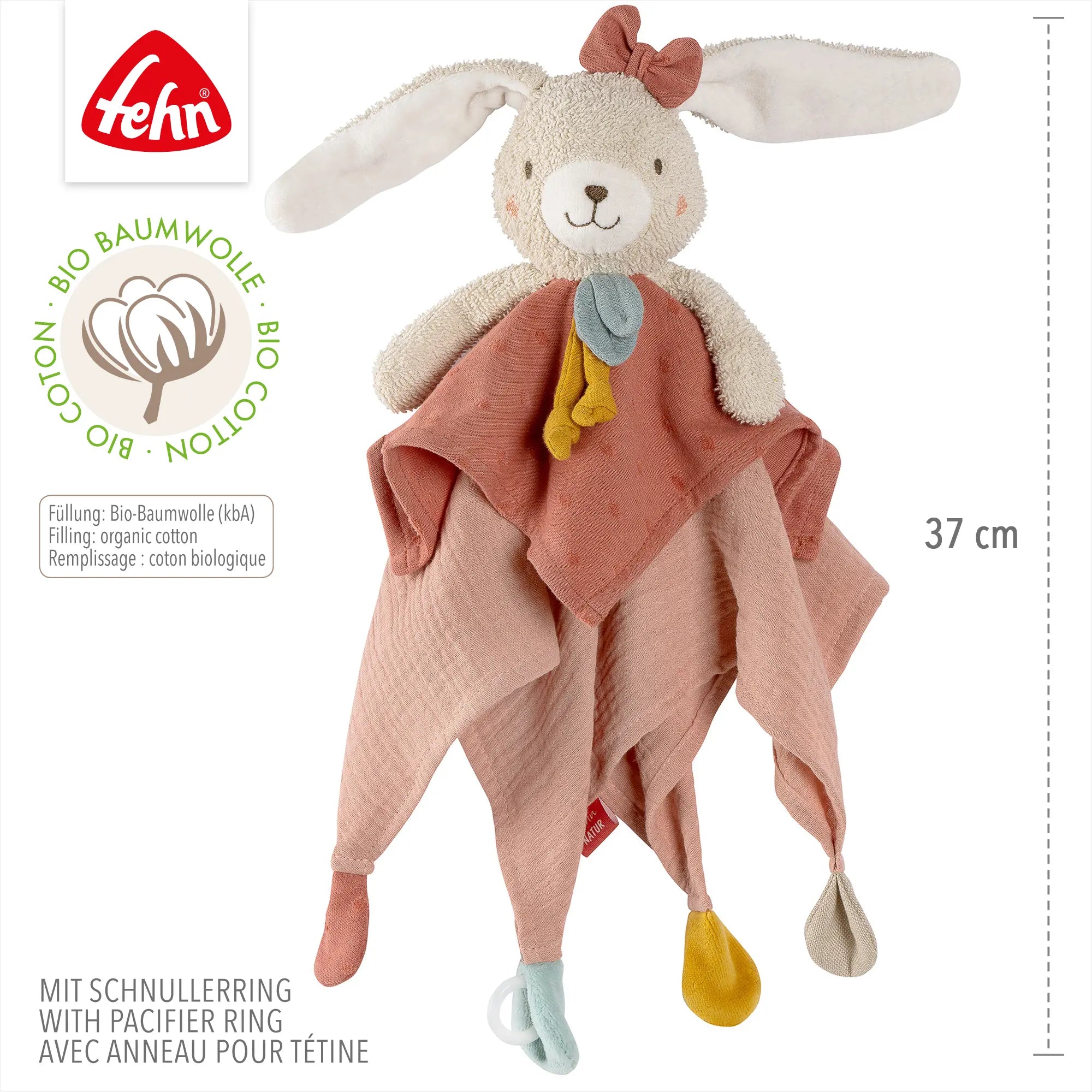 Baby Schmusetuch Hase rosa aus Bio-Baumwolle – ca. 37 cm groß, mit Schnullerhalter und weichem Stoff