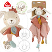 Baby Schmusetuch Hase rosa aus Bio-Baumwolle – Verpackung mit Details und Schnullerhalter, kuscheliges Schnuffeltuch für Babys