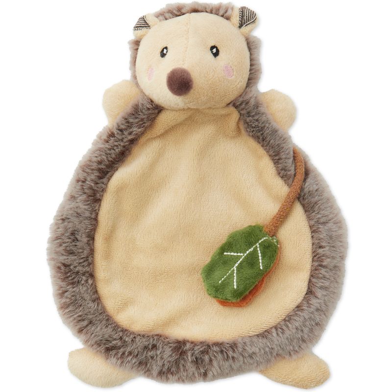 Schmusetuch in Igel-Form aus weichem Plüsch, braun-beige mit flauschigem Rand und angenähtem grünen Stoffblatt – ideal zum Kuscheln für Babys und Kleinkinder.