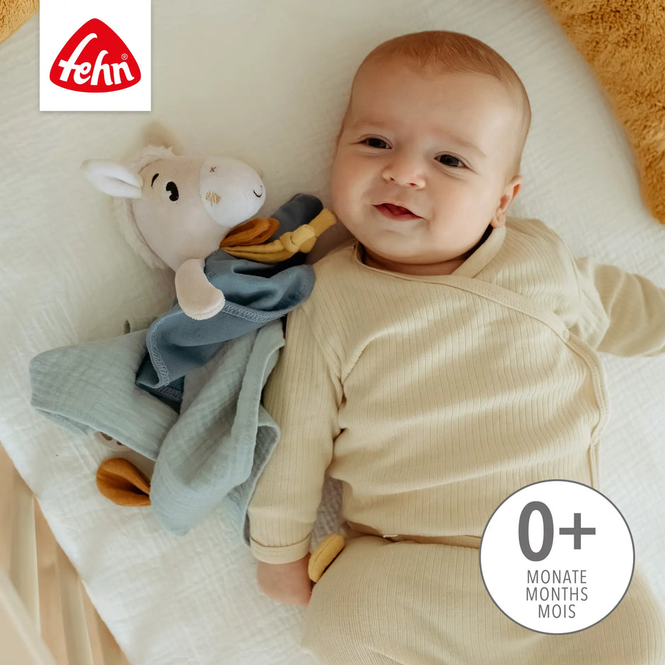 Baby mit Schmusetuch Pferd aus Musselin – kuscheliges Babyspielzeug ab 0 Monate