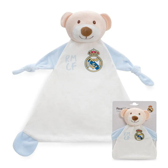 Schmusetuch Real Madrid Baby Dou Dou Bär blau weiß mit Vereinslogo Kuscheltuch für Neugeborene