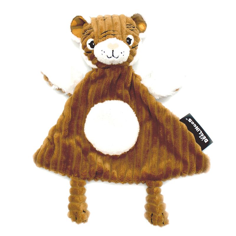 Braunes Schmusetuch in Tigerform mit weißem Bauch, weichem Stoff und angenähtem Tierkopf – BabyLions