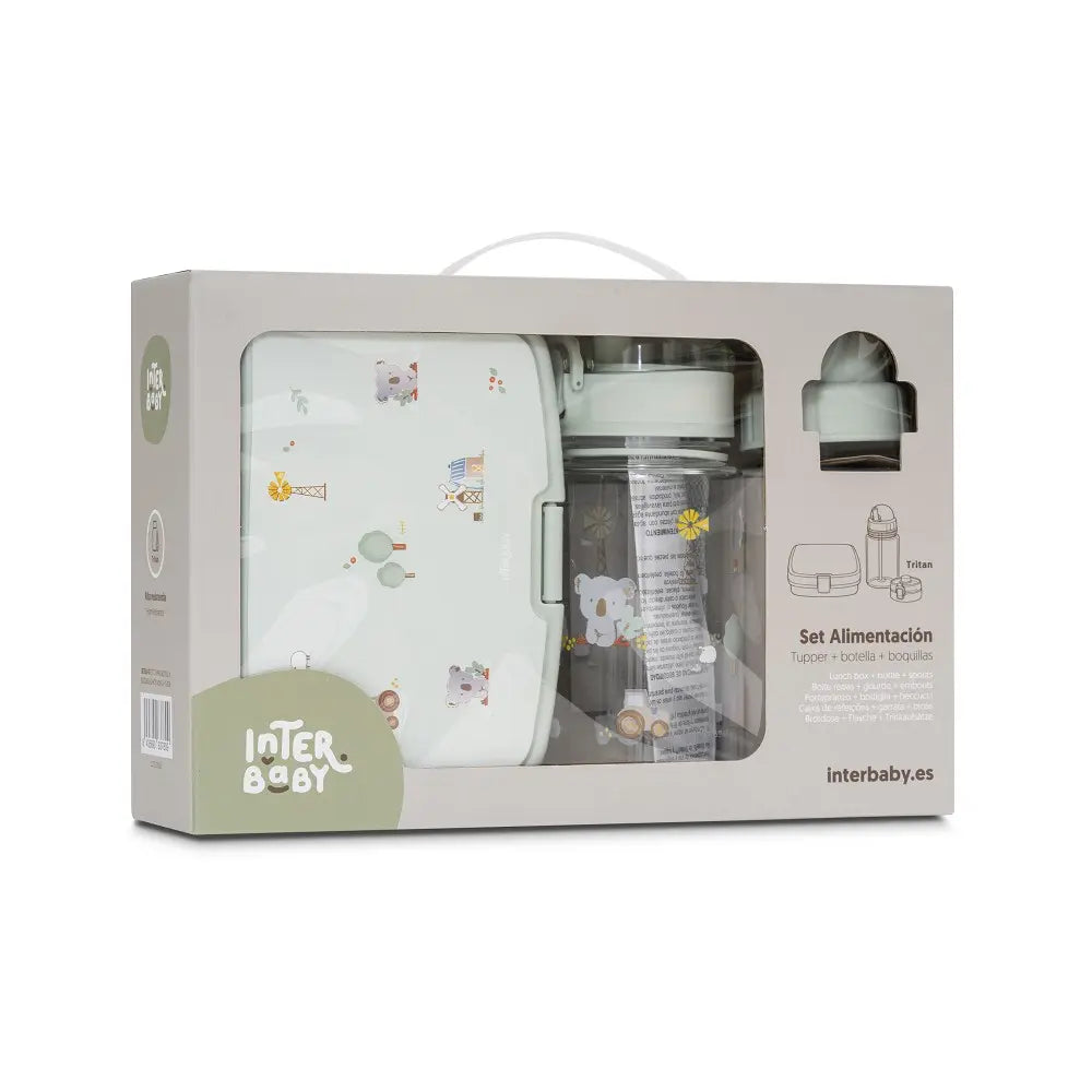 Verpacktes Set mit 700 ml Brotdose und 350 ml Tritan-Trinkflasche im mintgrünen Farm-Design inklusive zwei Trinkaufsätzen.