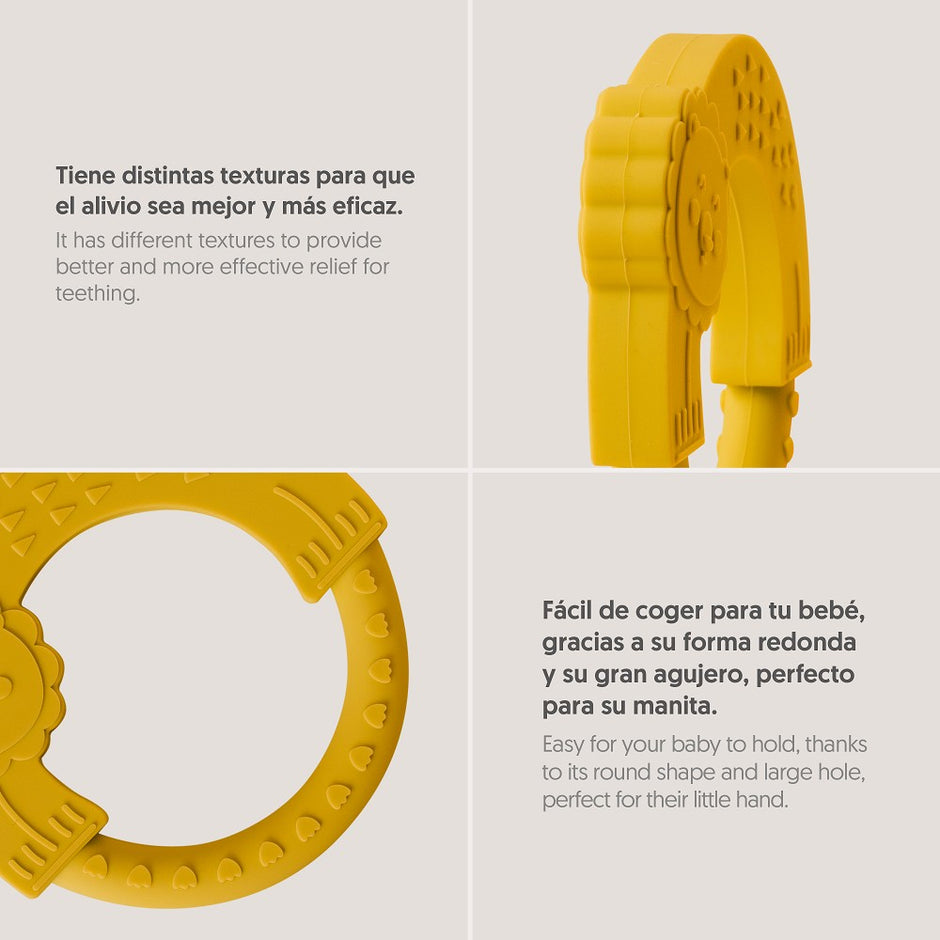 Gelber Silikon Beißring mit Löwenmotiv und verschiedenen Texturen – BPA-freies Zahnungsspielzeug, leicht zu greifen für Babys