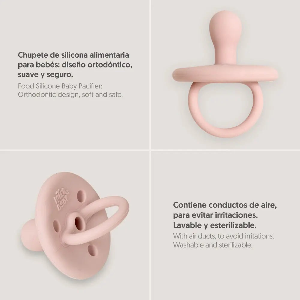 Produktübersicht des altrosa Silikon Schnullers von Interbaby mit orthopädischem Saugteil, Belüftungsöffnungen, sterilisierbar, BPA-frei und aus 100 % lebensmittelechtem Silikon.