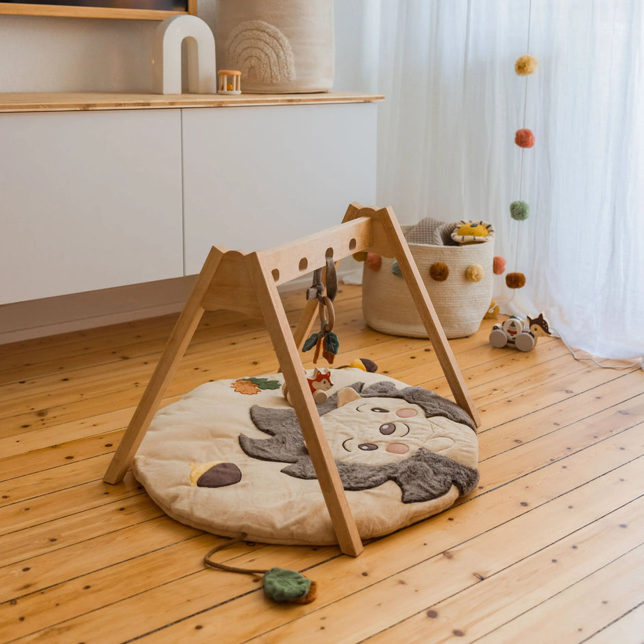 Baby Spieldecke Igel Piksi von Bieco mit Spielbogen im Kinderzimmer – weiche Krabbeldecke mit sensorischen Spielelementen zur Förderung von Motorik und Entdecken ab Geburt
