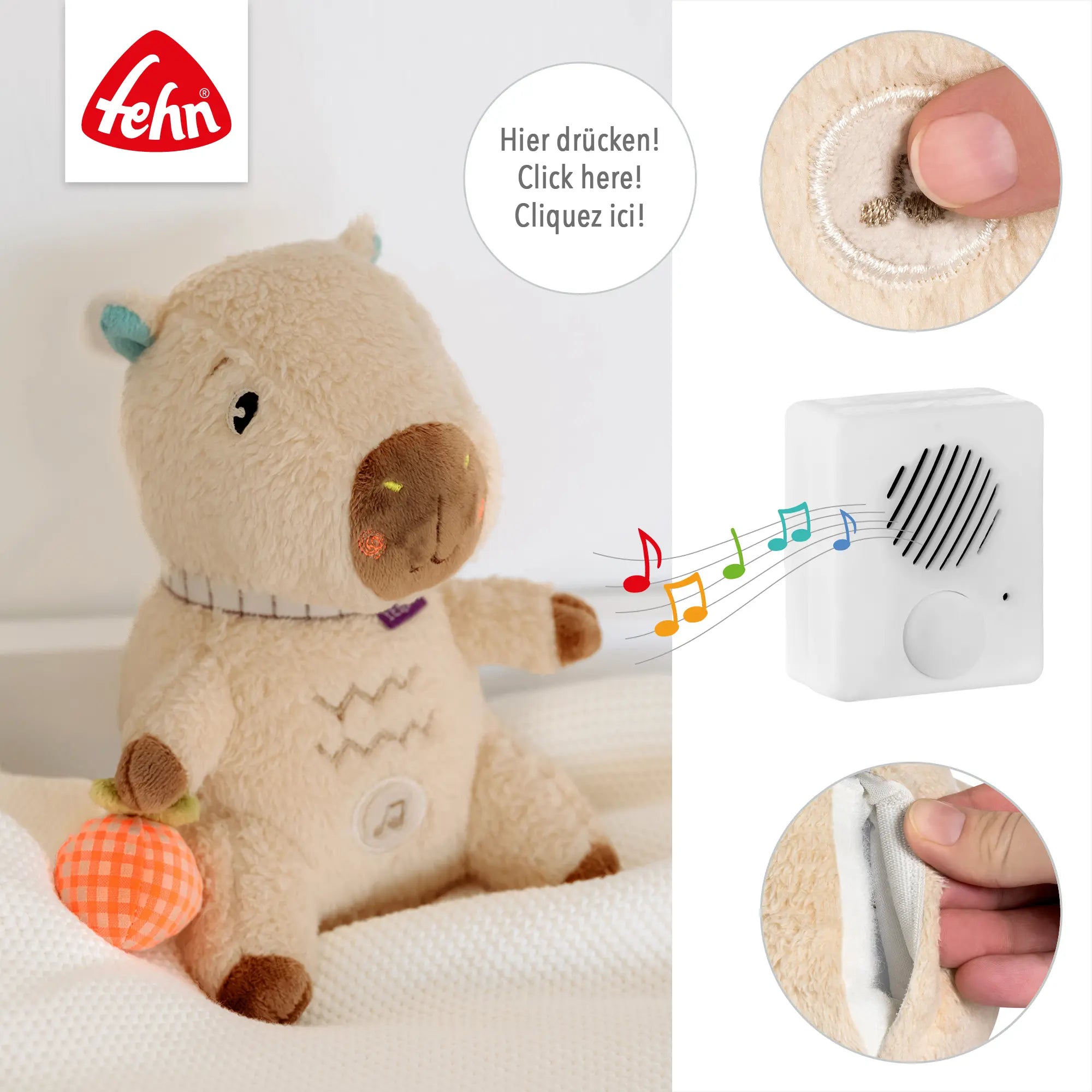 Capybara Spieluhr von Fehn mit Musikfunktion und Bedienung weiches Kuscheltier mit Soundmodul für Babys