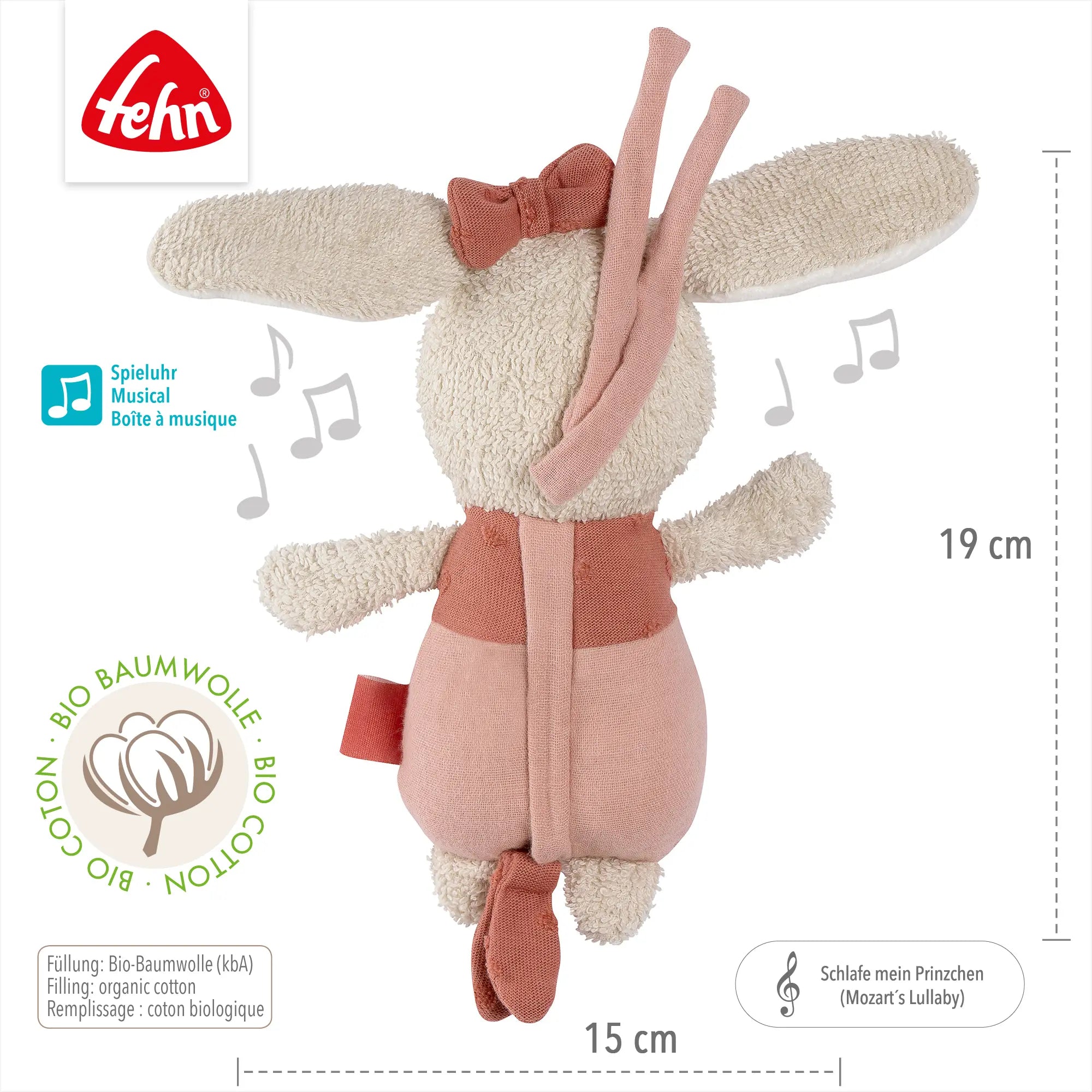 Baby Spieluhr Hase rosa aus Bio-Baumwolle – Rückseite mit Reißverschluss, Musikwerk und Größe ca. 19 cm
