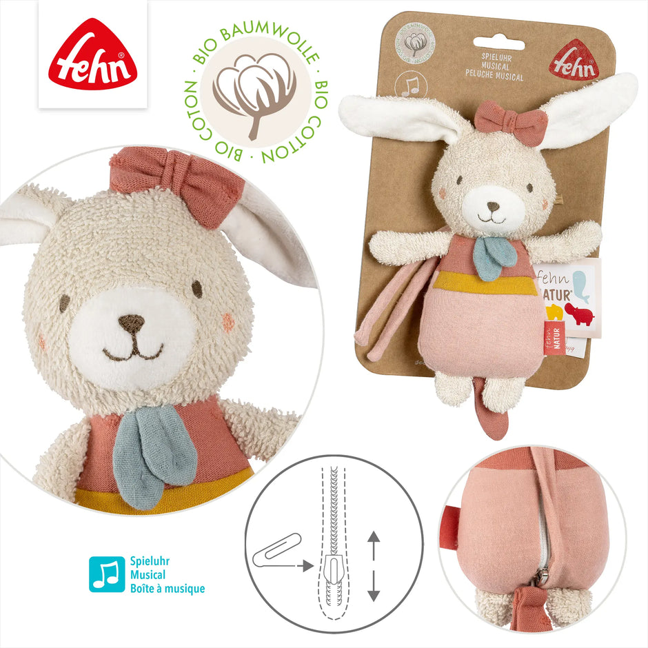 Baby Spieluhr Hase rosa aus Bio-Baumwolle – Verpackung und Details mit Reißverschluss, Musikwerk und hochwertiger Verarbeitung