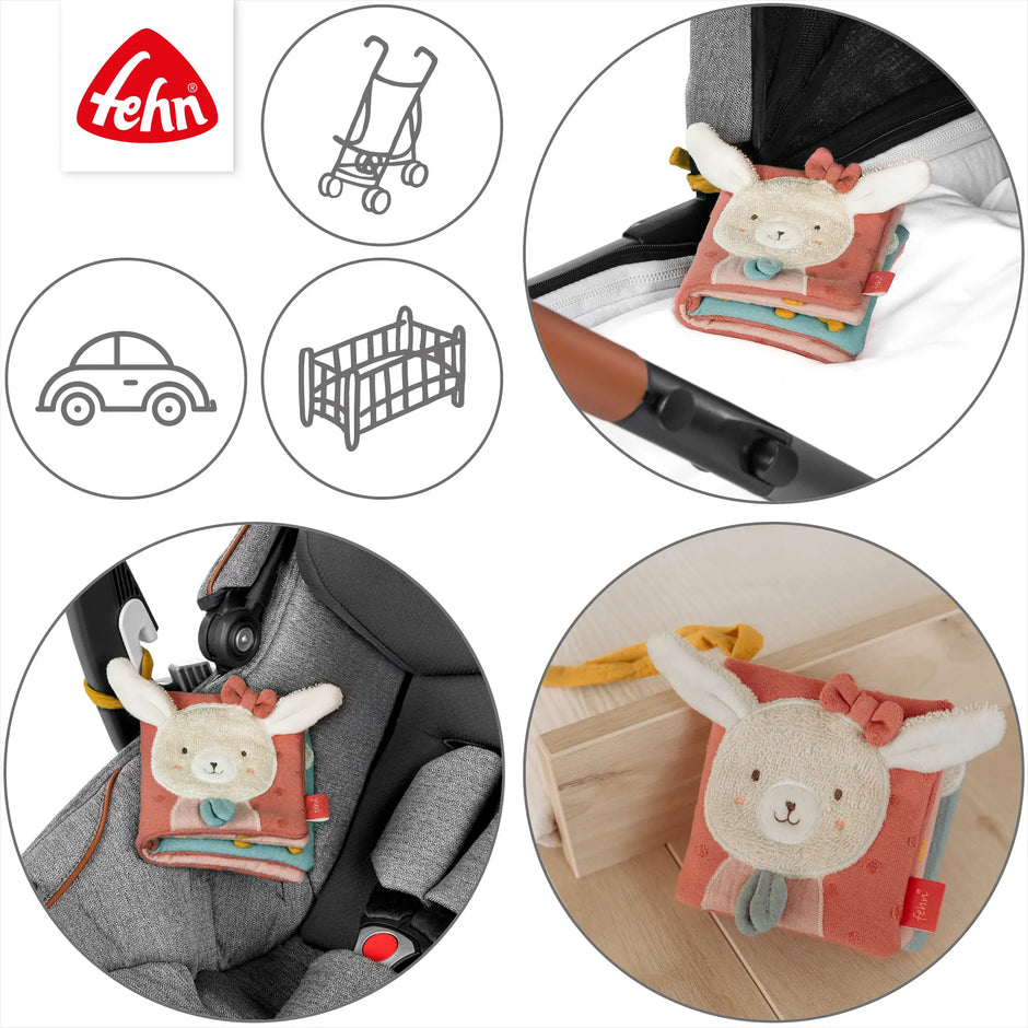 Baby Stoffbuch Hase rosa – Fühlbuch für Kinderwagen, Autositz und Bett geeignet, ideal für unterwegs