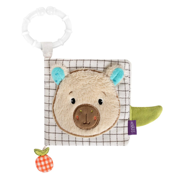 Stoffbuch Capybara für Babys mit weichem Plüschkopf, Musselin-Stoff und Befestigungsring zum Greifen und Spielen