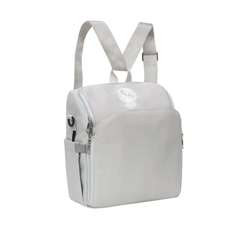 Tragbarer Reise-Hochstuhl Real Madrid Baby mit Tasche – Rucksackfunktion für unterwegs grau