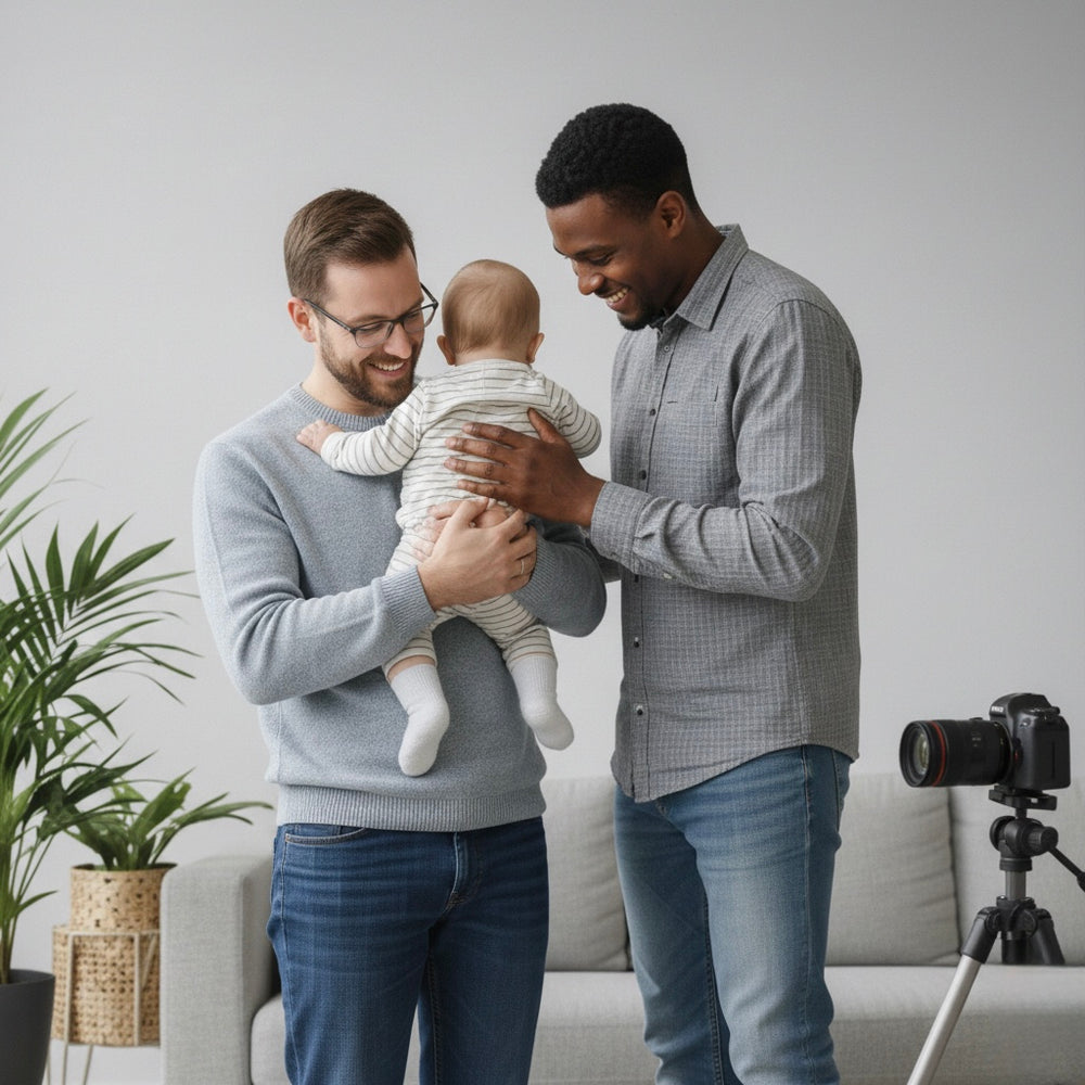Zwei lächelnde Väter halten ihr Baby im Arm, während sie im Wohnzimmer vor einer Kamera auf einem Stativ für ein Familienfoto posieren.